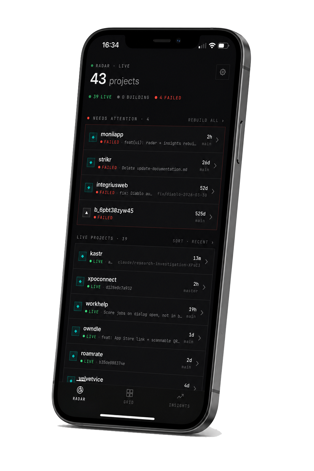 MONII running on iPhone — Insights tab with KPI strip and advisory card